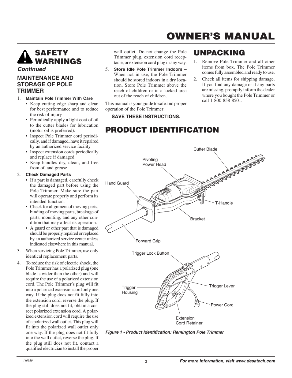 Owner’s manual, Safety warnings, Product identification | Unpacking, Continued | Remington Hedge Wizard 110946-01 User Manual | Page 3 / 44