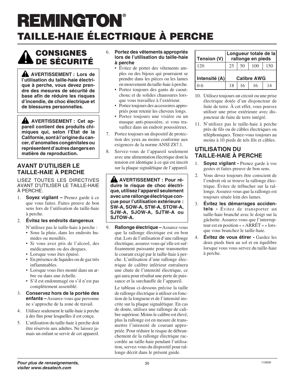 Taille-haie électrique à perche, Consignes de sécurité | Remington Hedge Wizard 110946-01 User Manual | Page 30 / 44