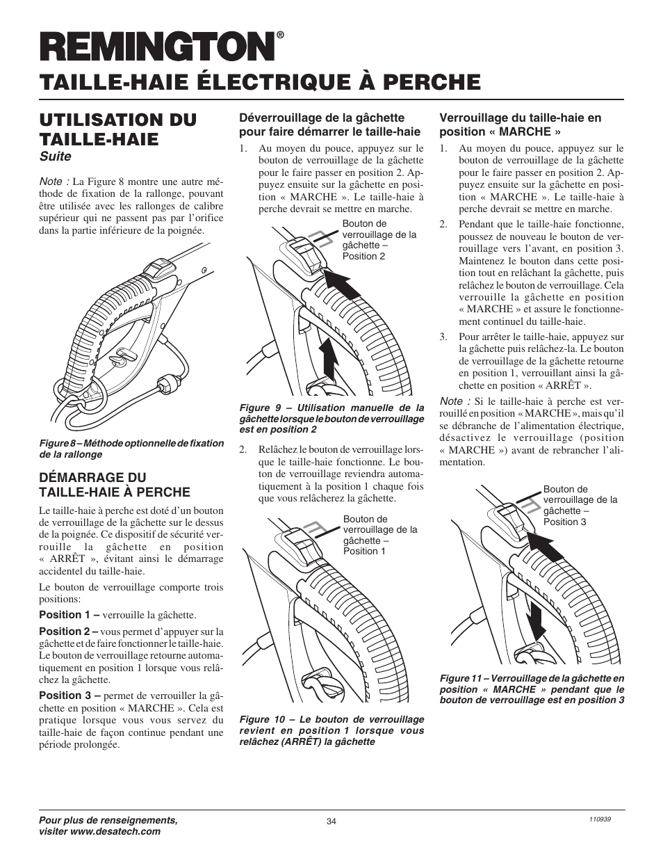 Taille-haie électrique à perche, Utilisation du taille-haie, Suite | Remington Hedge Wizard 110946-01 User Manual | Page 34 / 44