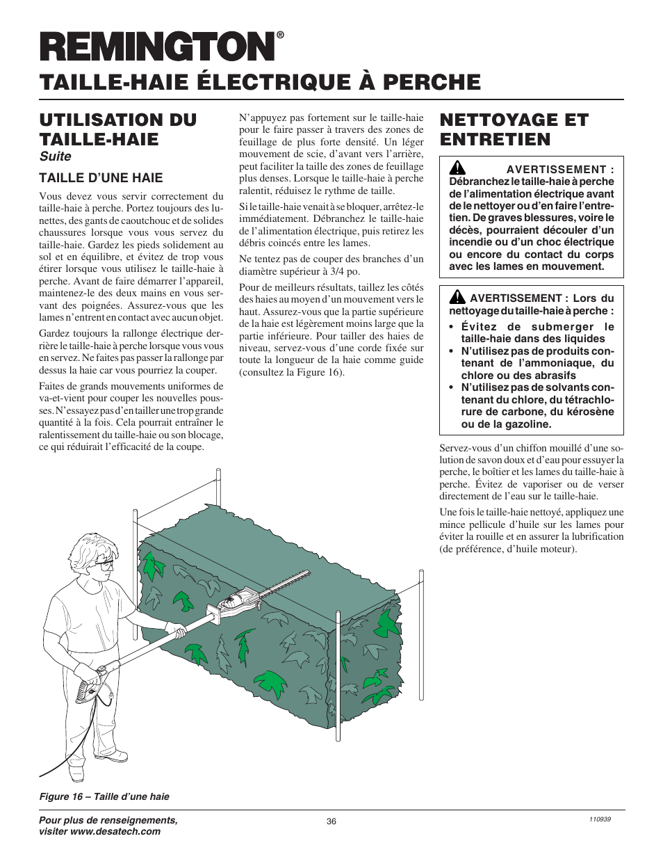 Taille-haie électrique à perche, Nettoyage et entretien, Utilisation du taille-haie | Remington Hedge Wizard 110946-01 User Manual | Page 36 / 44
