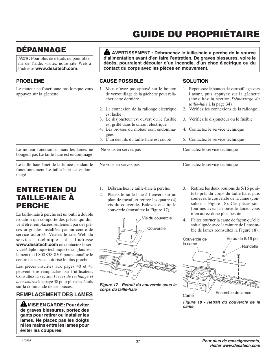 Guide du propriétaire, Dépannage, Entretien du taille-haie à perche | Remington Hedge Wizard 110946-01 User Manual | Page 37 / 44