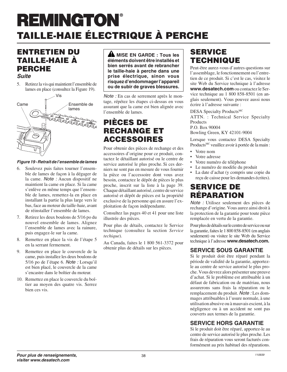 Taille-haie électrique à perche, Entretien du taille-haie à perche, Service de réparation | Service technique, Pièces de rechange et accessoires, Suite | Remington Hedge Wizard 110946-01 User Manual | Page 38 / 44