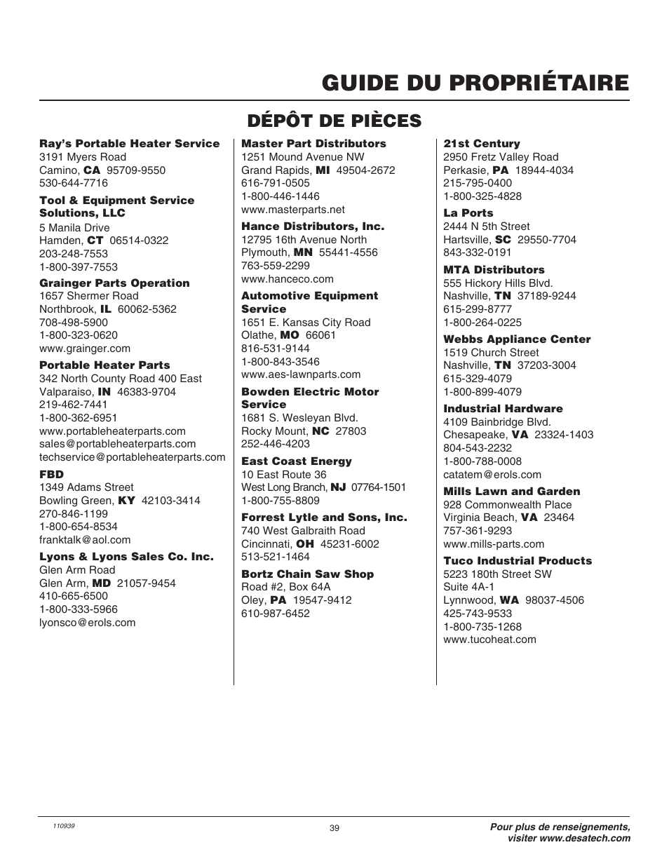 Guide du propriétaire, Dépôt de pièces | Remington Hedge Wizard 110946-01 User Manual | Page 39 / 44
