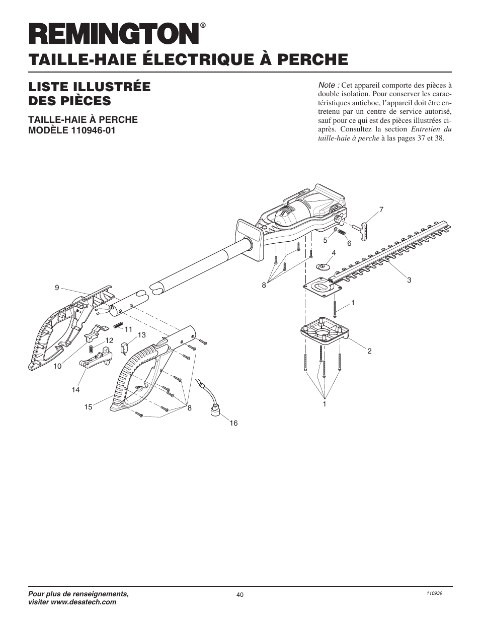 Taille-haie électrique à perche, Liste illustrée des pièces | Remington Hedge Wizard 110946-01 User Manual | Page 40 / 44