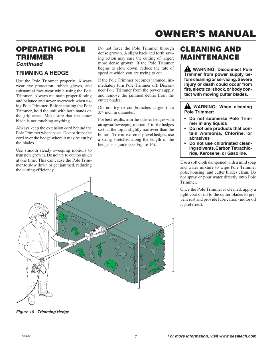 Owner’s manual, Cleaning and maintenance, Operating pole trimmer | Remington Hedge Wizard 110946-01 User Manual | Page 7 / 44