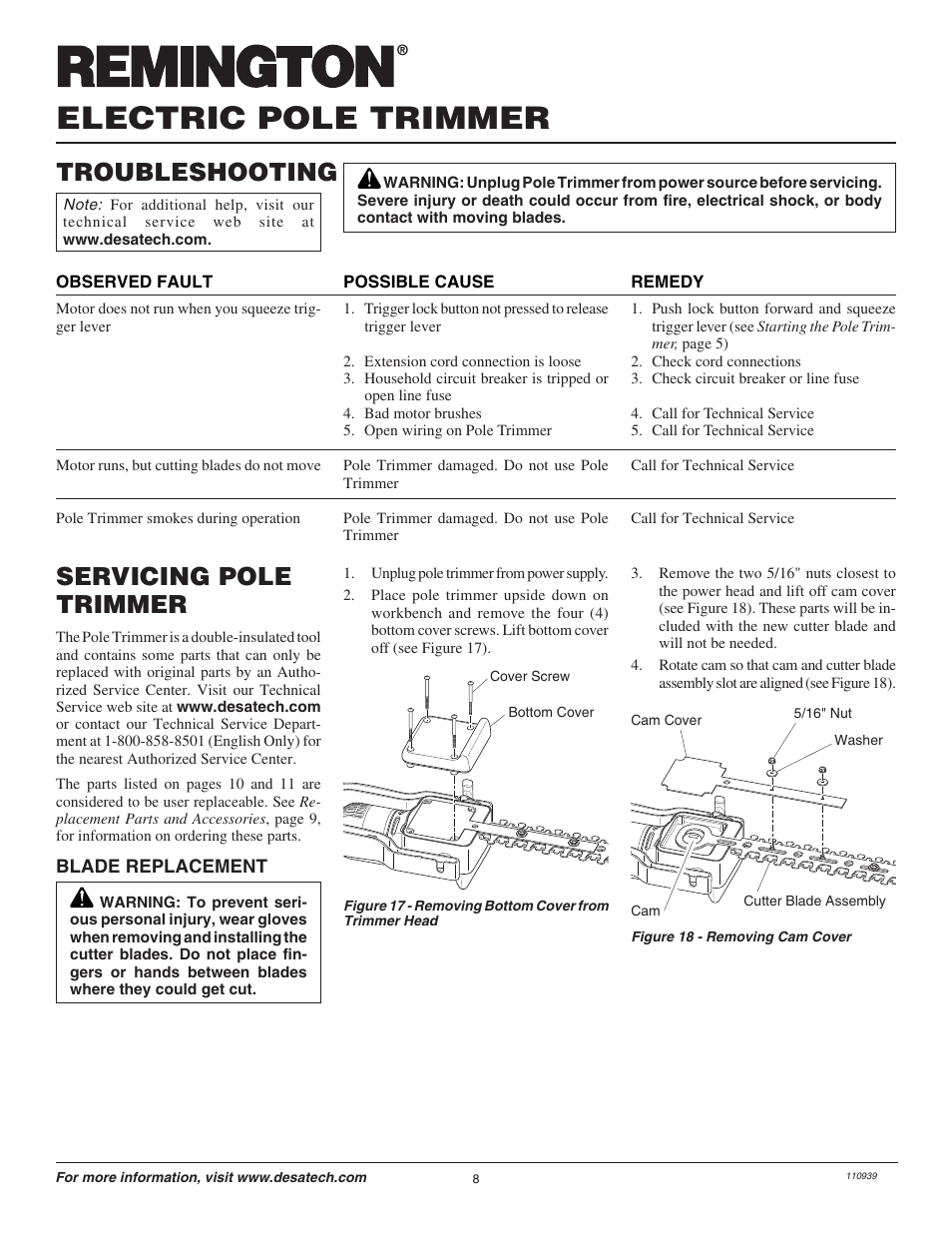Electric pole trimmer, Troubleshooting, Servicing pole trimmer | Remington Hedge Wizard 110946-01 User Manual | Page 8 / 44