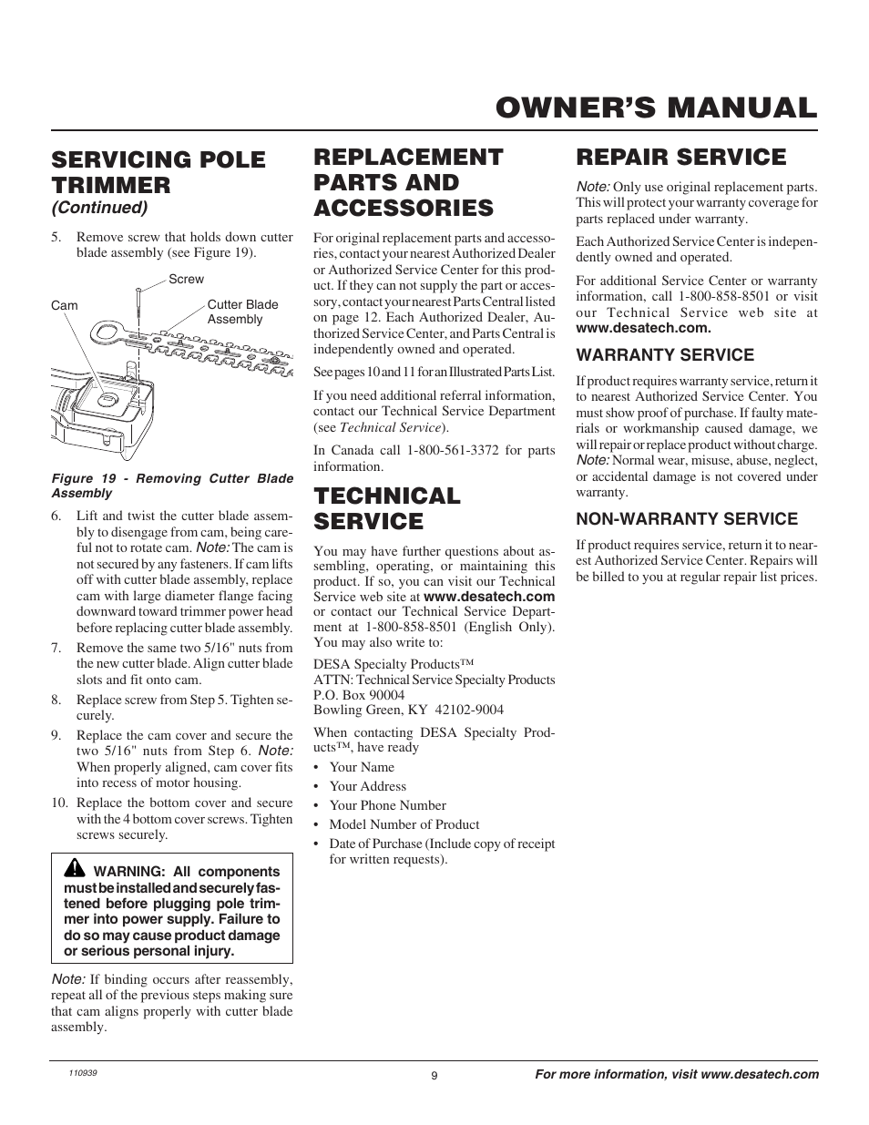 Owner’s manual, Repair service, Technical service | Replacement parts and accessories, Servicing pole trimmer | Remington Hedge Wizard 110946-01 User Manual | Page 9 / 44