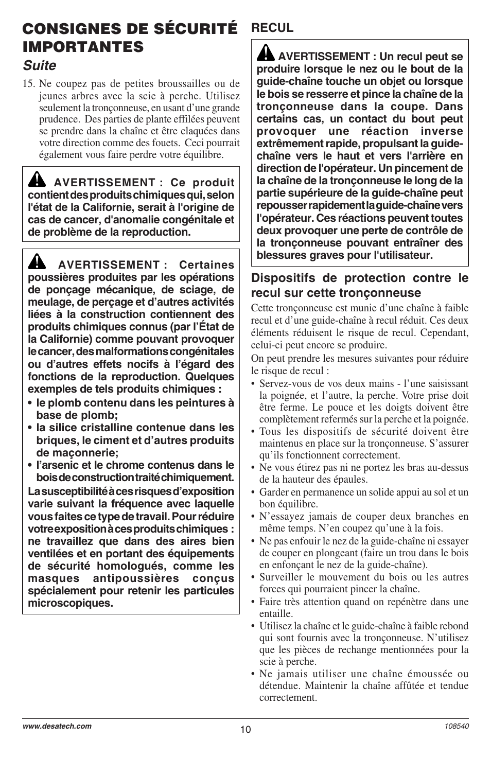 Consignes de sécurité importantes, Suite | Remington 106821 User Manual | Page 10 / 28