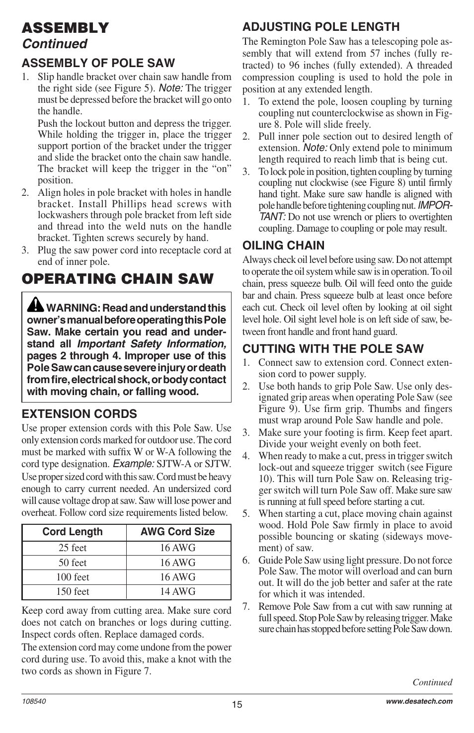 Operating chain saw, Assembly, Continued | Remington 106821 User Manual | Page 15 / 28