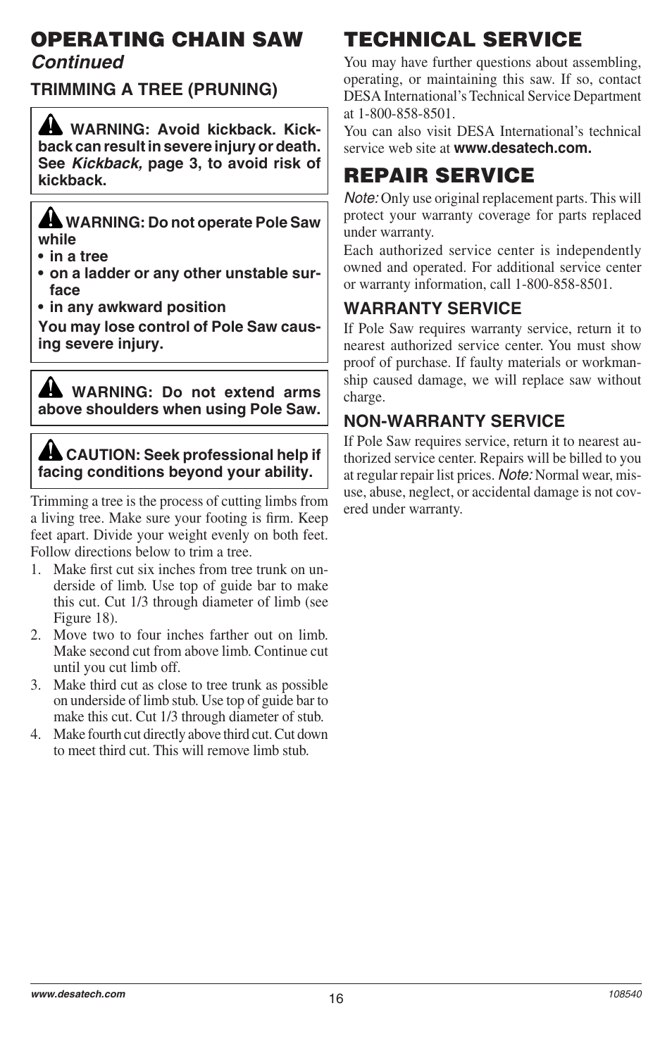 Operating chain saw, Technical service, Repair service | Continued | Remington 106821 User Manual | Page 16 / 28