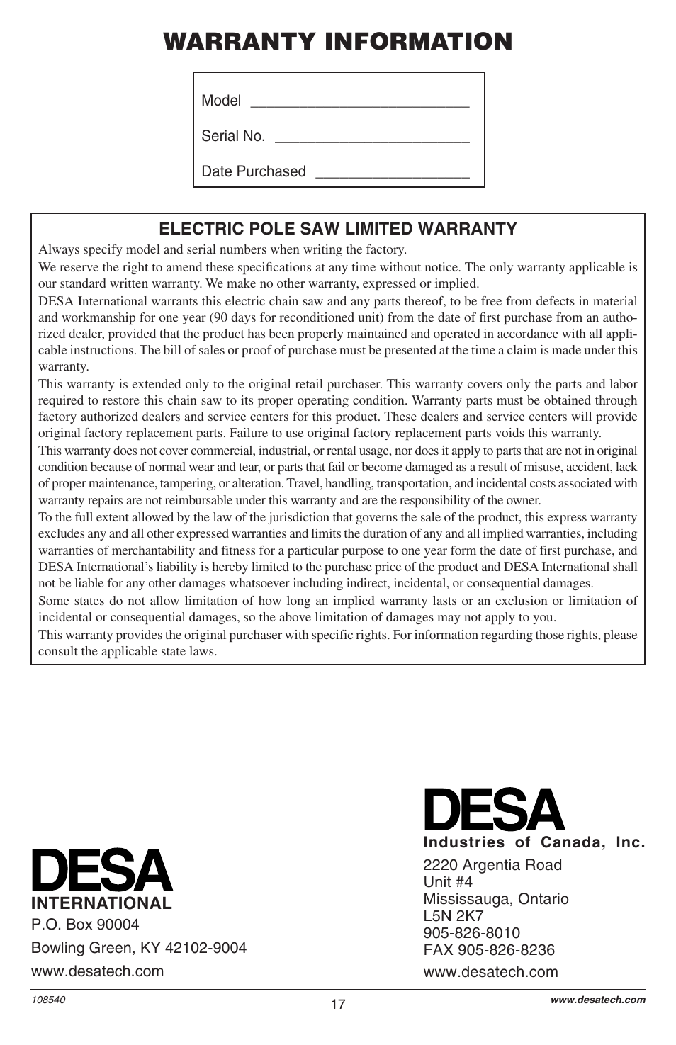 Warranty information | Remington 106821 User Manual | Page 17 / 28