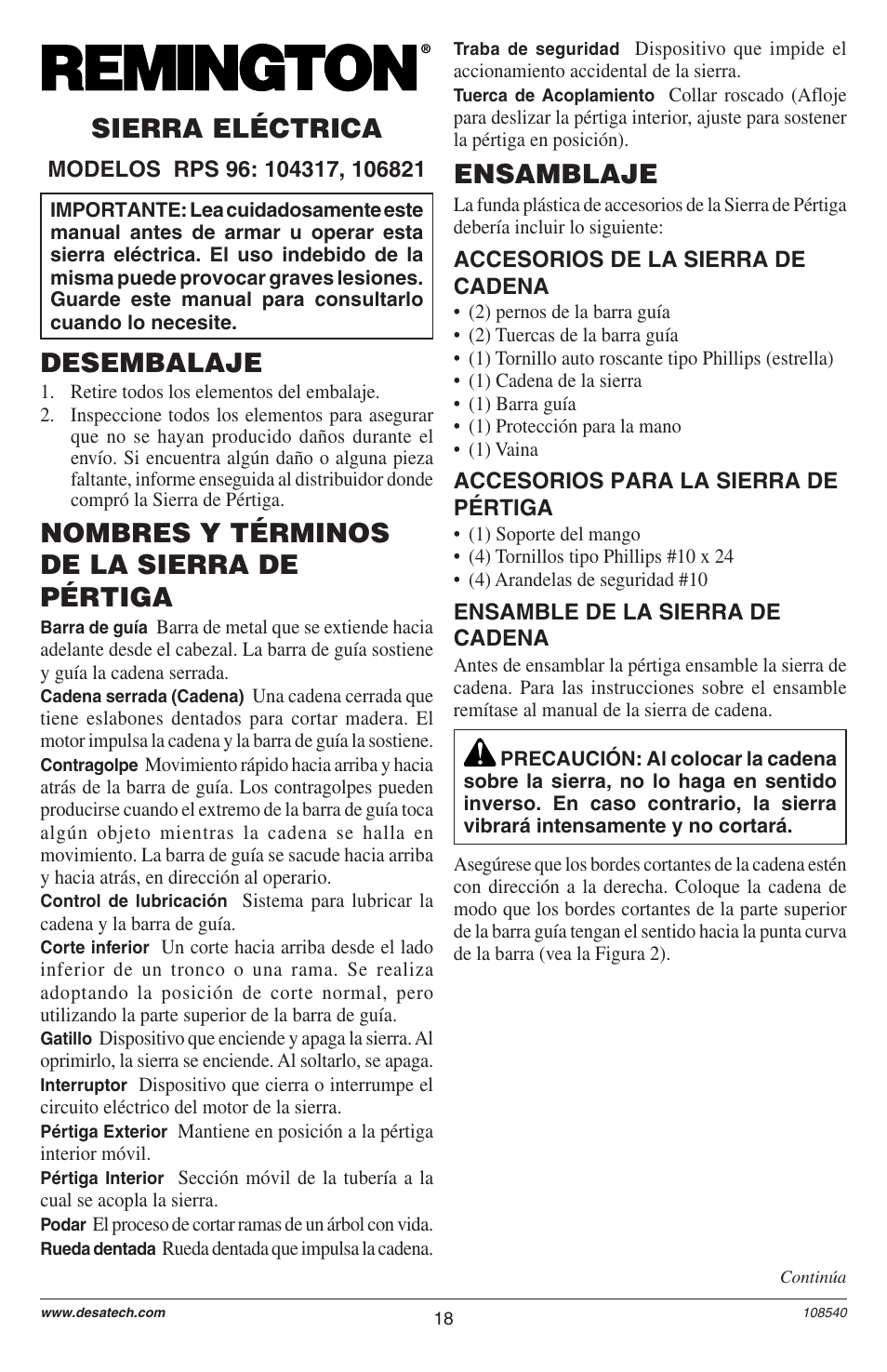 Desembalaje, Ensamblaje | Remington 106821 User Manual | Page 18 / 28