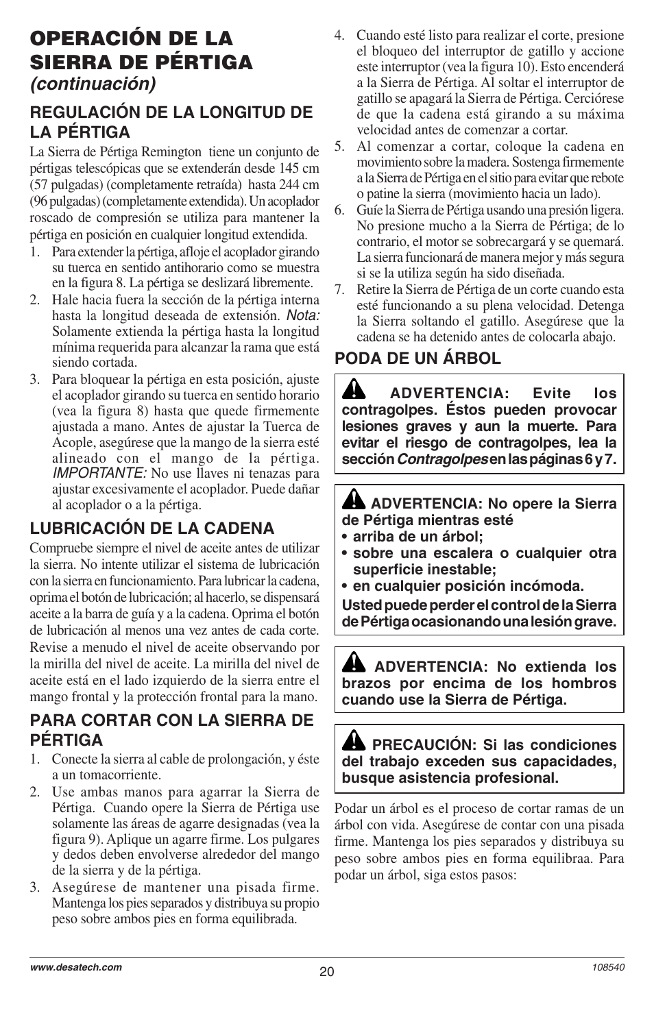 Operación de la sierra de pértiga, Continuación) | Remington 106821 User Manual | Page 20 / 28