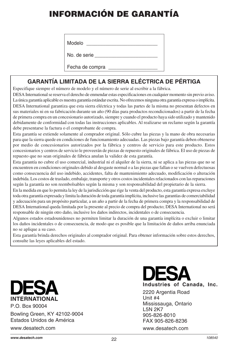 Información de garantía | Remington 106821 User Manual | Page 22 / 28