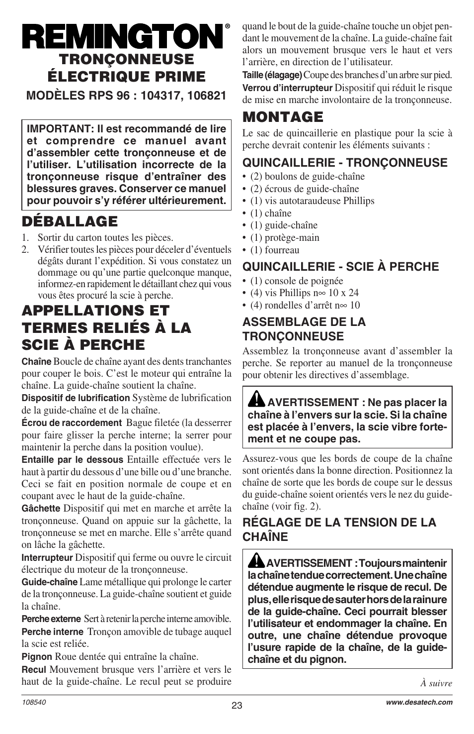 Montage, Déballage, Appellations et termes reliés à la scie à perche | Tronçonneuse électrique prime | Remington 106821 User Manual | Page 23 / 28