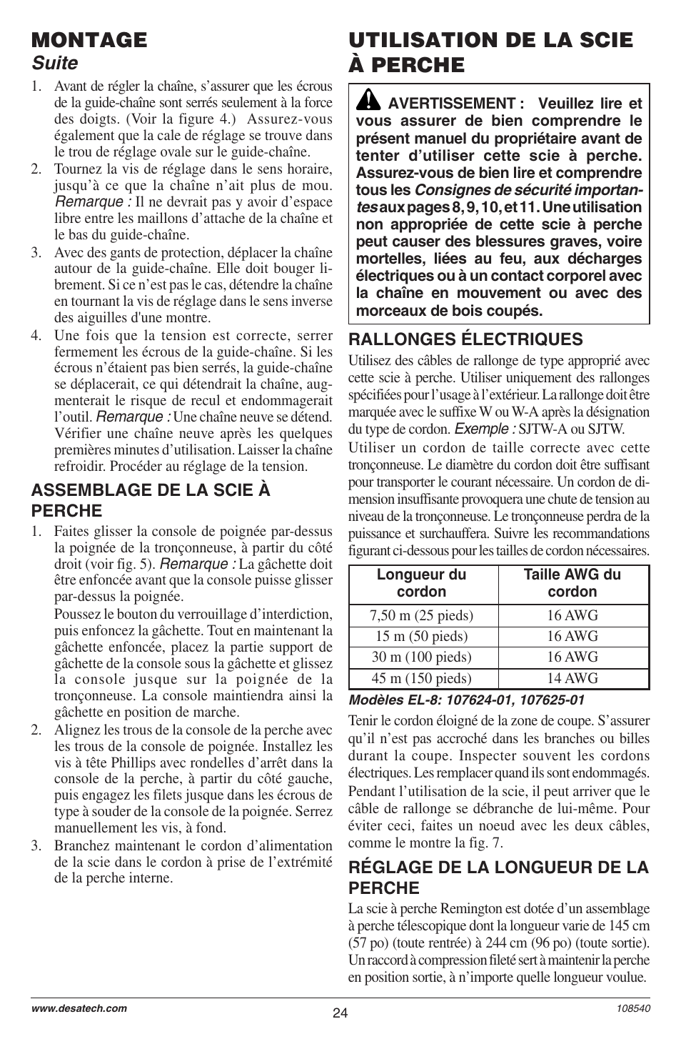 Utilisation de la scie à perche, Montage, Suite | Remington 106821 User Manual | Page 24 / 28