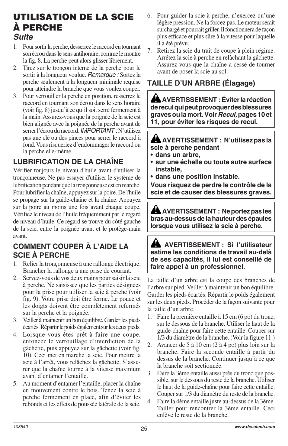 Utilisation de la scie à perche, Suite | Remington 106821 User Manual | Page 25 / 28