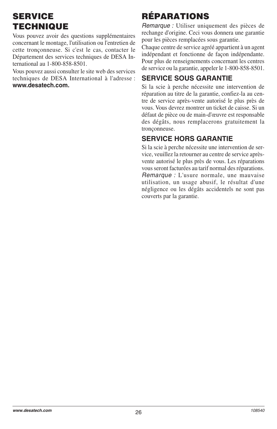 Service technique, Réparations | Remington 106821 User Manual | Page 26 / 28