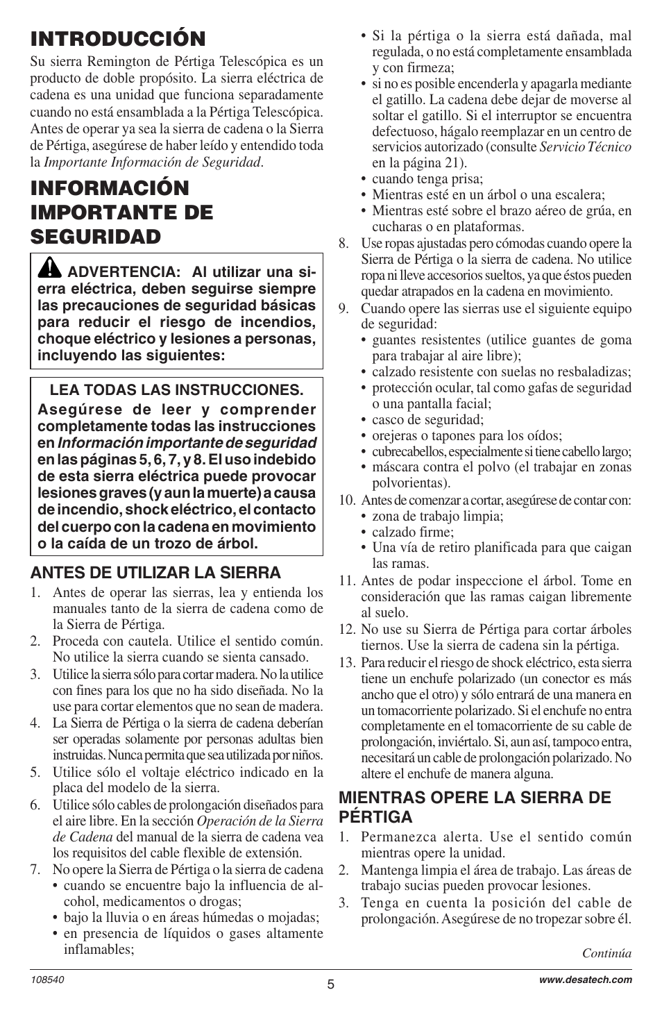 Información importante de seguridad, Introducción | Remington 106821 User Manual | Page 5 / 28