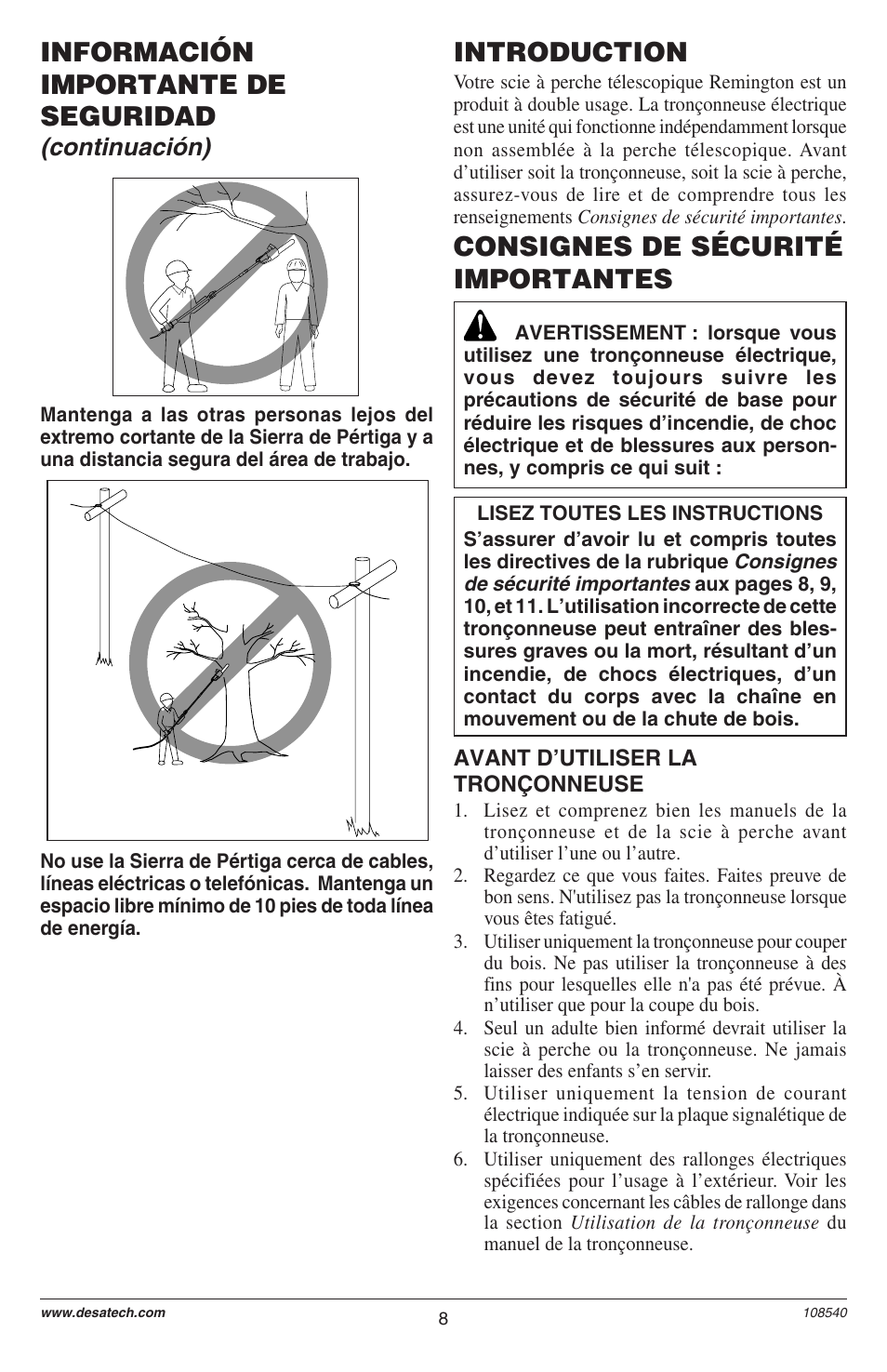 Consignes de sécurité importantes, Introduction, Información importante de seguridad | Continuación) | Remington 106821 User Manual | Page 8 / 28