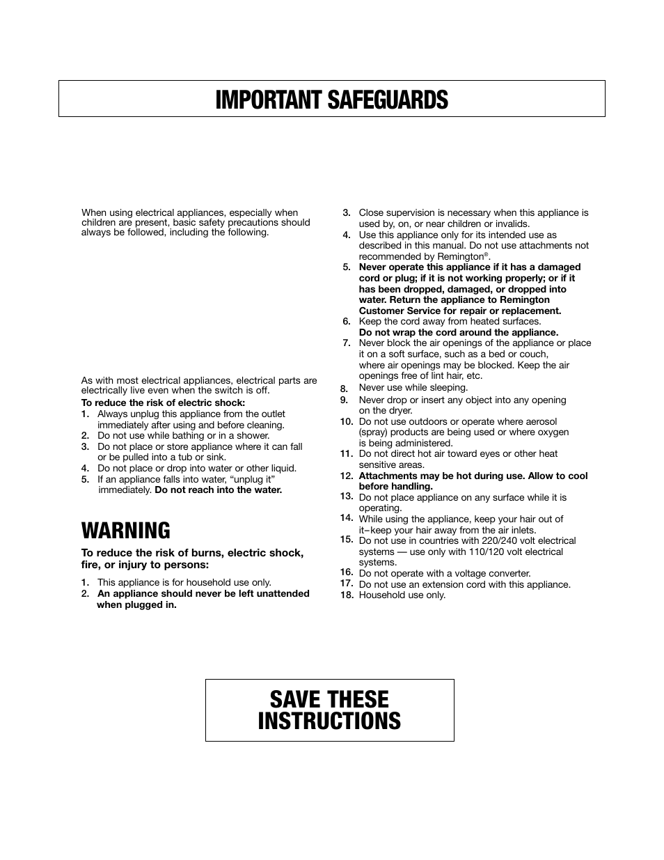 Important safeguards, Save these instructions, Danger | Warning, Read all instructions, Before using | Remington ID-2002 User Manual | Page 2 / 5