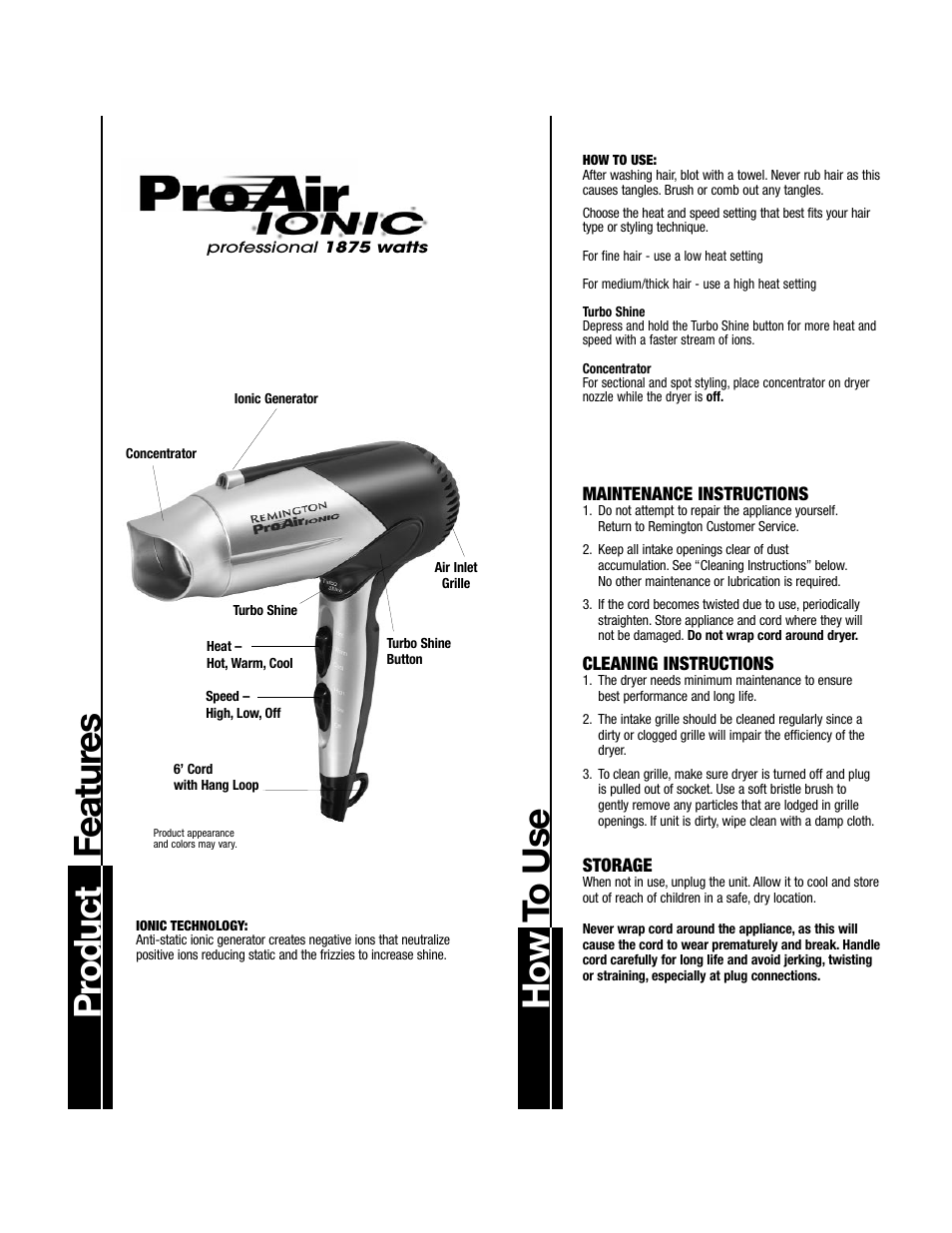 Pr oduct featur es, How t o use | Remington ID-2002 User Manual | Page 4 / 5