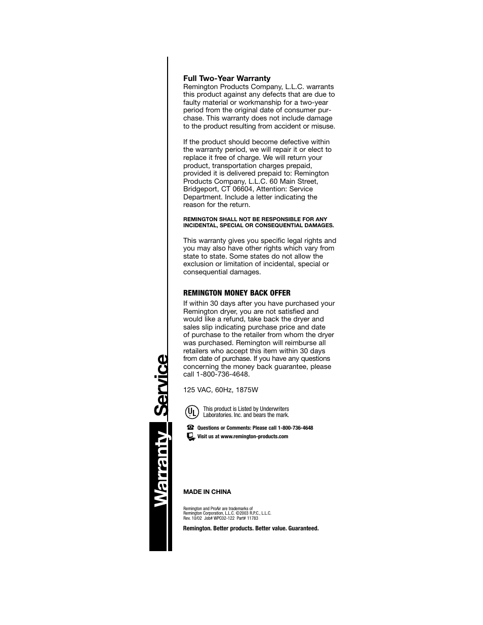 Wa rranty service | Remington ID-2002 User Manual | Page 5 / 5
