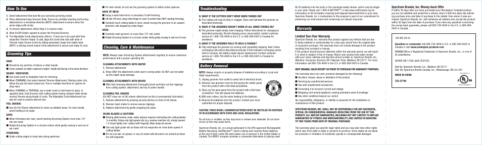 Battery removal warranty, Troubleshooting, Cleaning, care & maintenance | How to use, Grooming tips | Remington PG-360 User Manual | Page 2 / 2