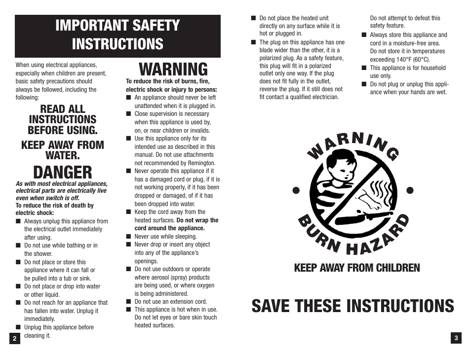 Danger, Save these instructions, Warning | Important safety instructions, Keep away from children | Remington S-1006 User Manual | Page 2 / 7