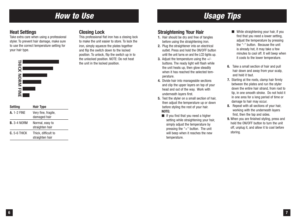 How to use usage tips, Closing lock, Heat settings | Straightening your hair | Remington S-1006 User Manual | Page 4 / 7