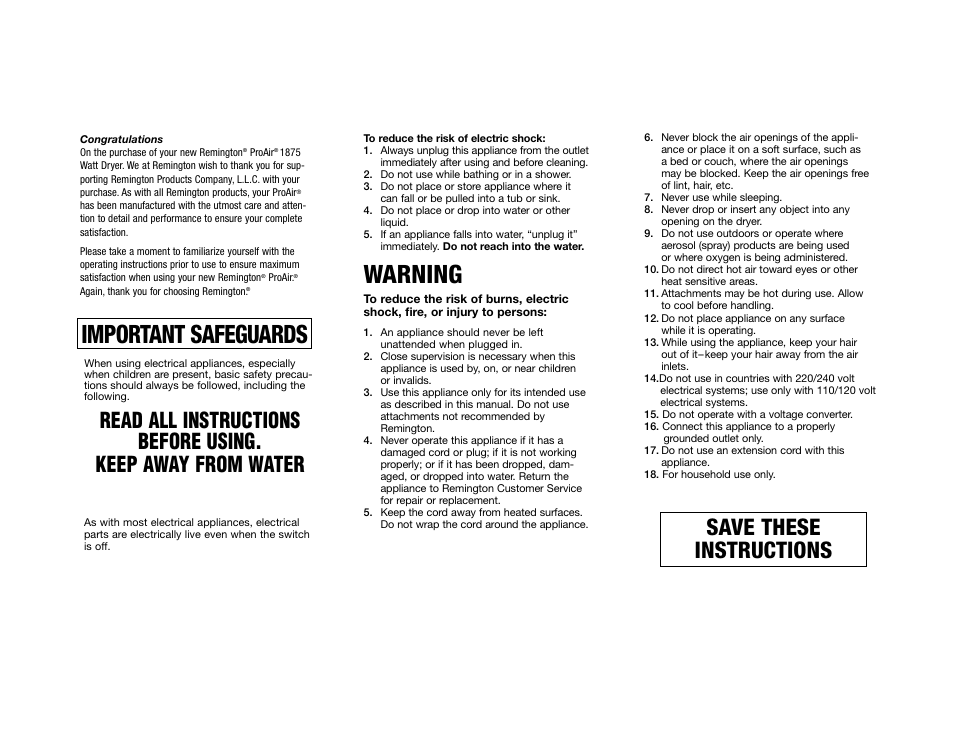 Danger, Important safeguards, Warning | Save these instructions | Remington DC-1875N User Manual | Page 2 / 6