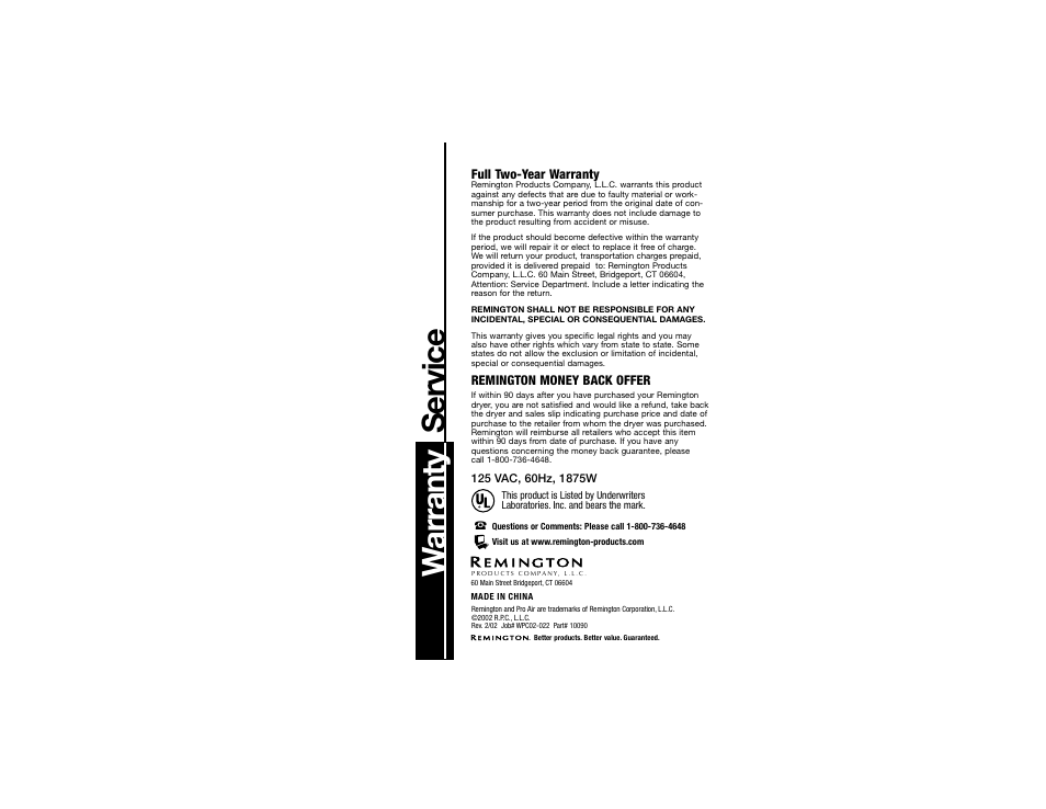 Wa rranty service | Remington DC-1875N User Manual | Page 6 / 6