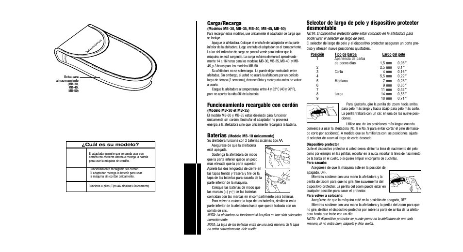 Para usar la afeitadora, Carga/recarga, Funcionamiento recargable con cordón | Baterías | Remington Precision Beard & Mustache Trimmer User Manual | Page 15 / 18