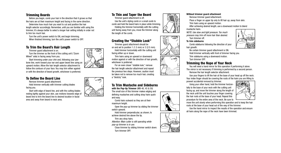 Creating the “stubble look, Trimming the nape of your neck, Trimming beards | Remington Precision Beard & Mustache Trimmer User Manual | Page 4 / 18