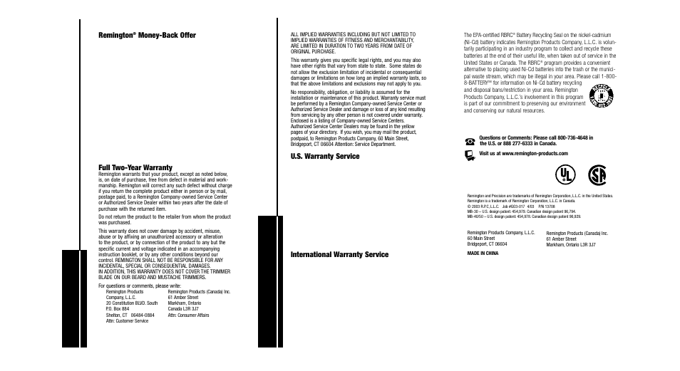 Performance guarantee w a rranty service | Remington Precision Beard & Mustache Trimmer User Manual | Page 6 / 18