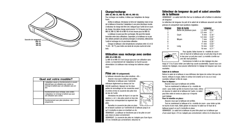 Utilisation de la tailleuse, Charge/recharge, Utilisation sous recharge avec cordon | Piles | Remington Precision Beard & Mustache Trimmer User Manual | Page 9 / 18