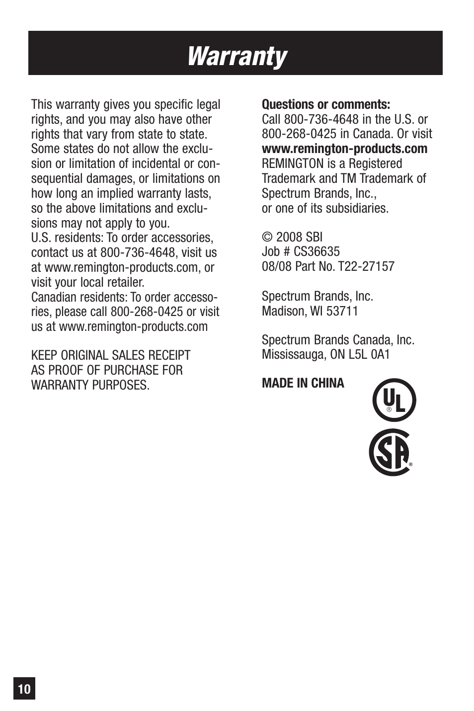 Warranty | Remington HC-921 User Manual | Page 10 / 32