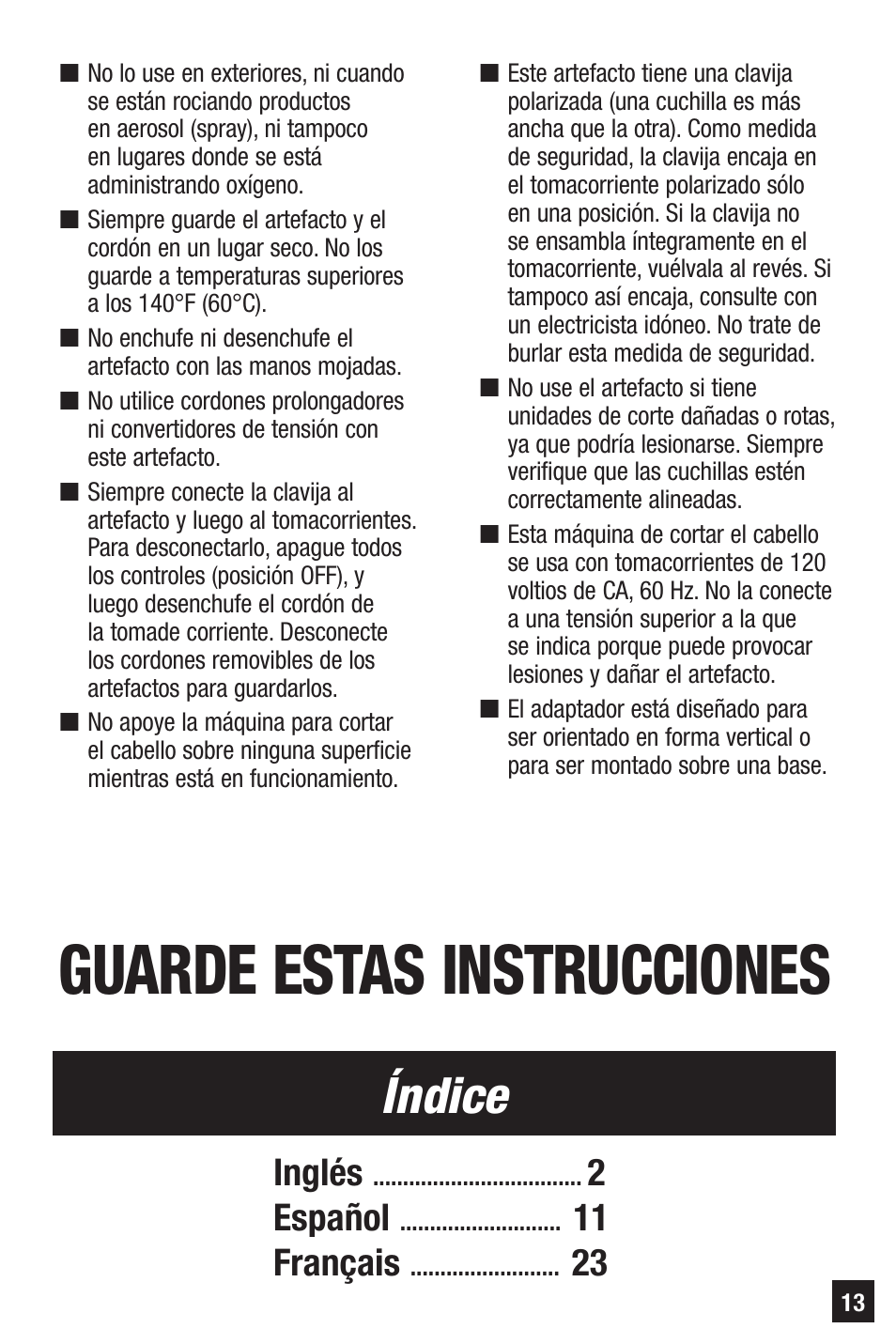 Guarde estas instrucciones, Índice, Inglés | 2español, 11 français | Remington HC-921 User Manual | Page 13 / 32
