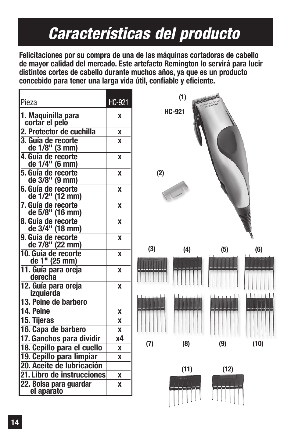 Características del producto | Remington HC-921 User Manual | Page 14 / 32