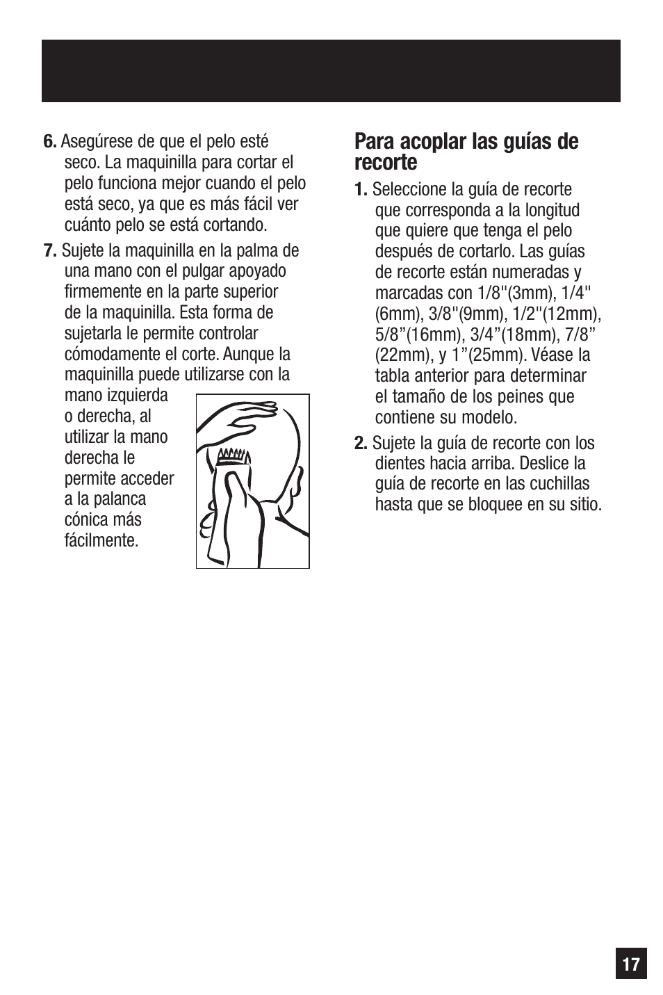 Para acoplar las guías de recorte | Remington HC-921 User Manual | Page 17 / 32