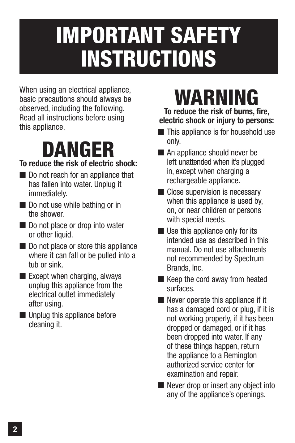 Important safety instructions, Danger, Warning | Remington HC-921 User Manual | Page 2 / 32