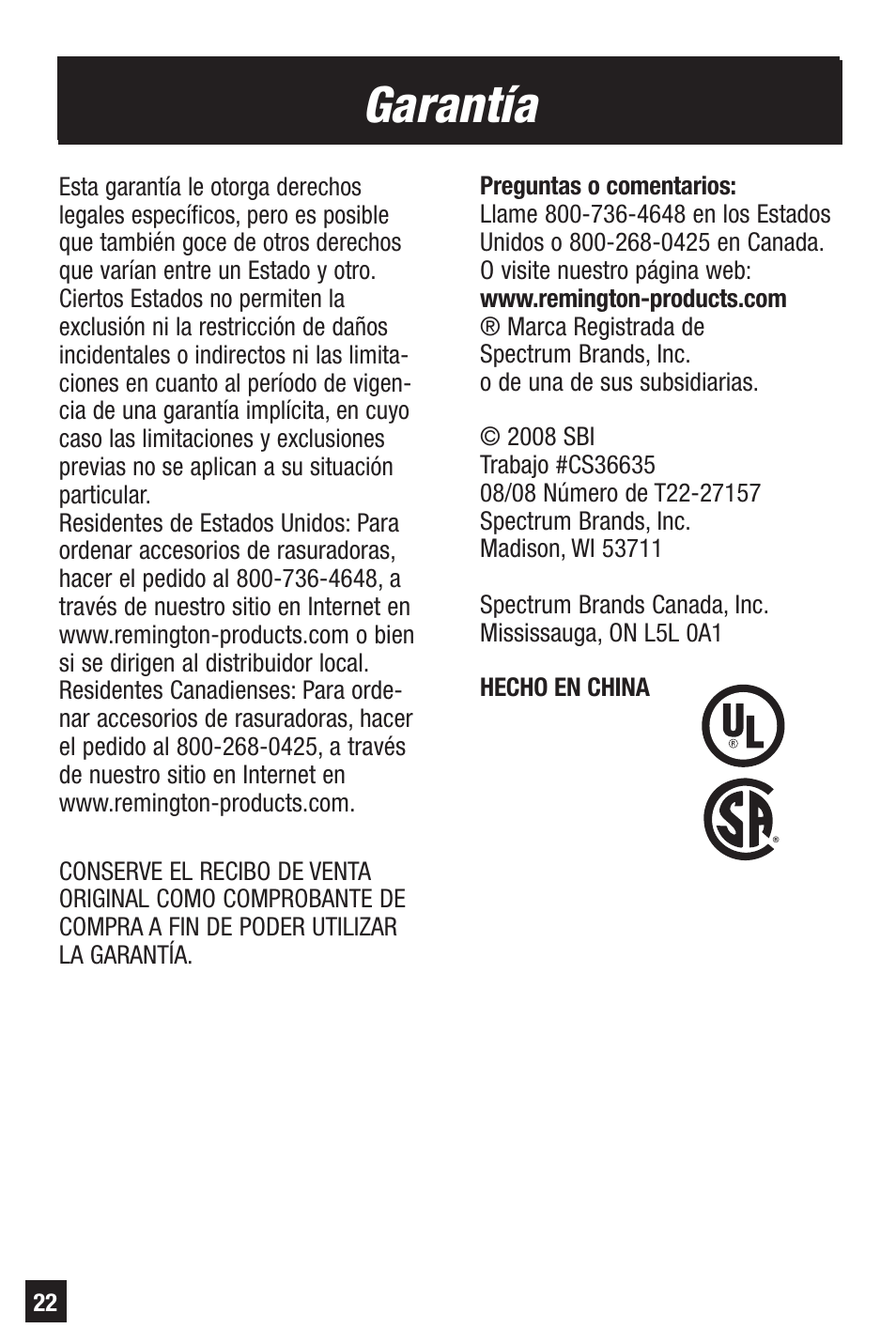 Garantía | Remington HC-921 User Manual | Page 22 / 32