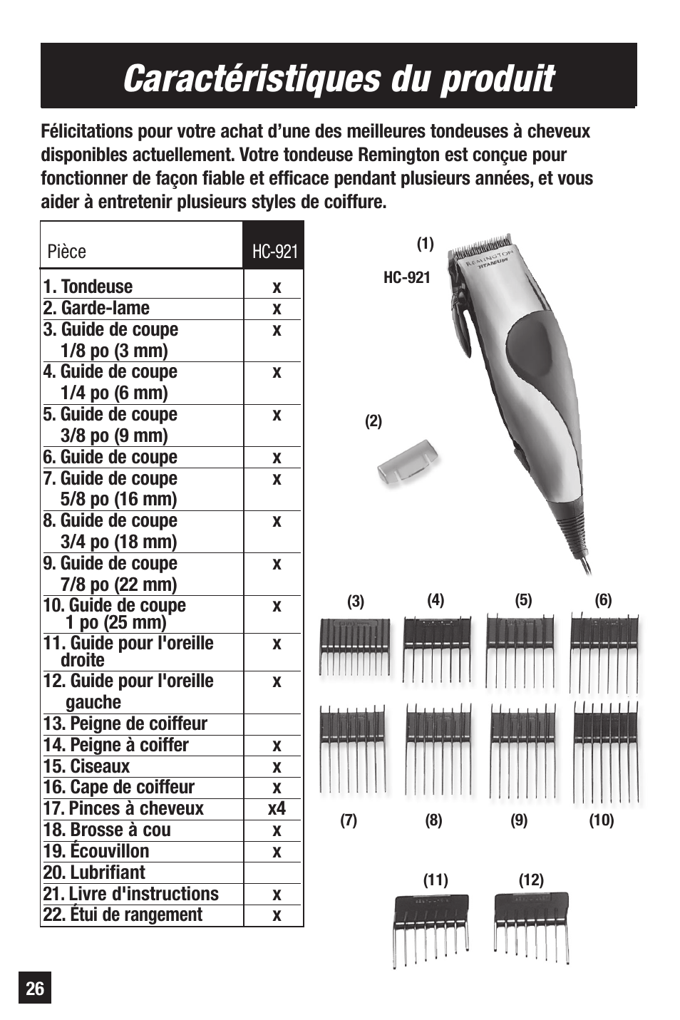 Caractéristiques du produit | Remington HC-921 User Manual | Page 26 / 32