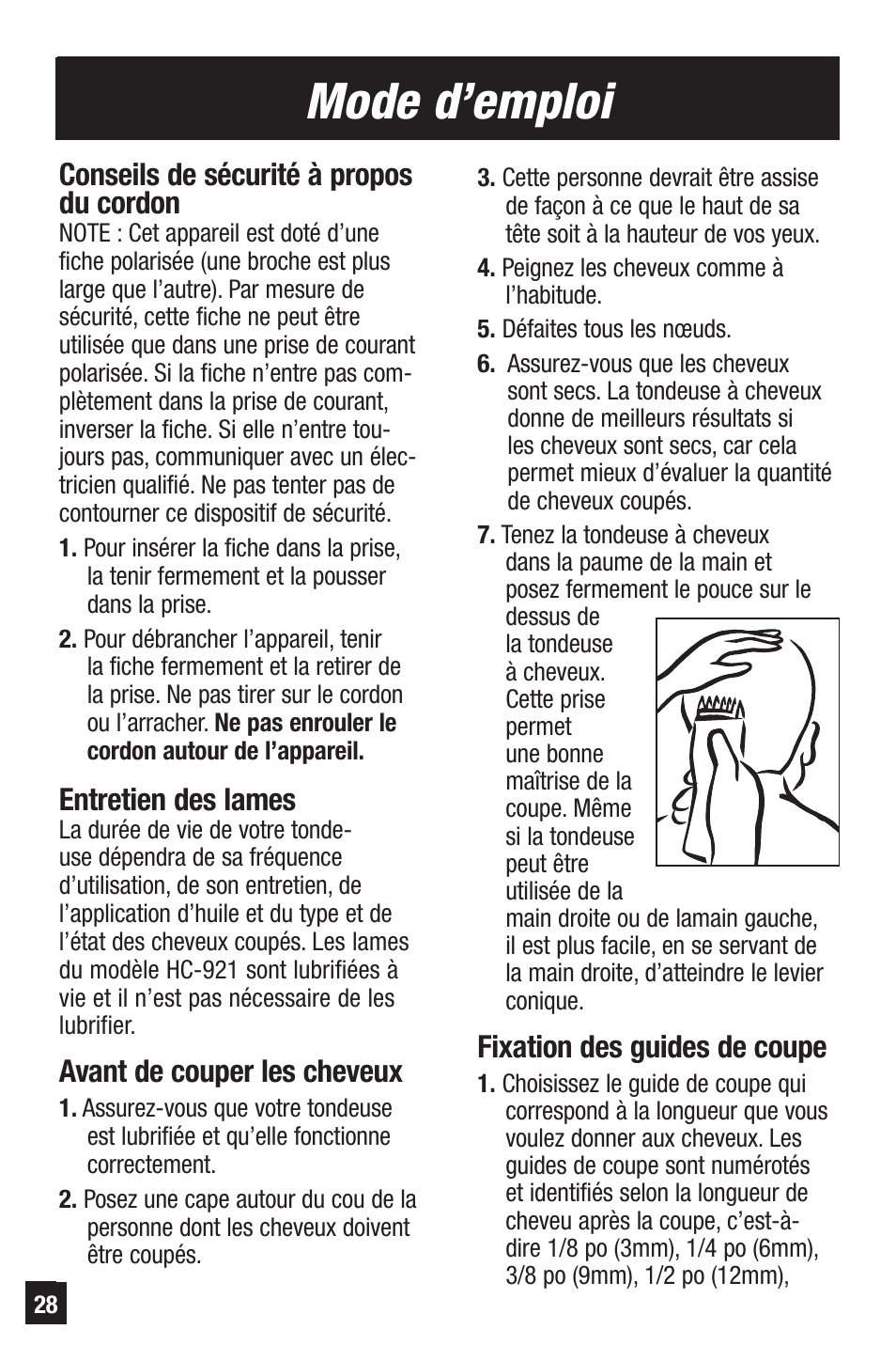 Mode d’emploi, Conseils de sécurité à propos du cordon, Entretien des lames | Avant de couper les cheveux, Fixation des guides de coupe | Remington HC-921 User Manual | Page 28 / 32