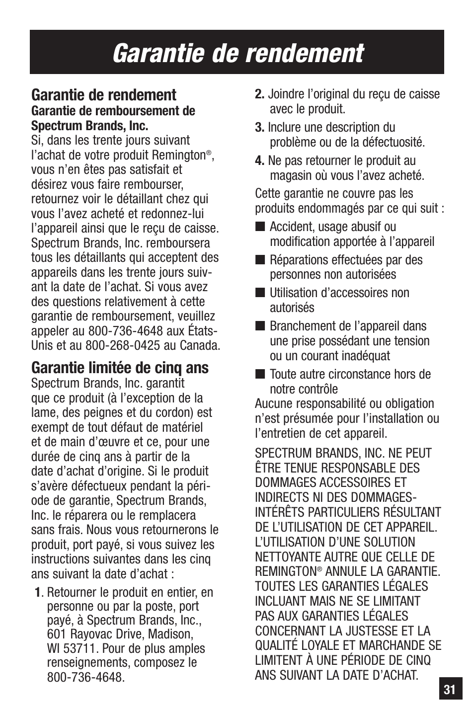 Garantie de rendement, Garantie limitée de cinq ans | Remington HC-921 User Manual | Page 31 / 32