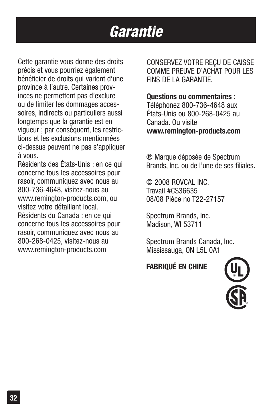 Garantie | Remington HC-921 User Manual | Page 32 / 32