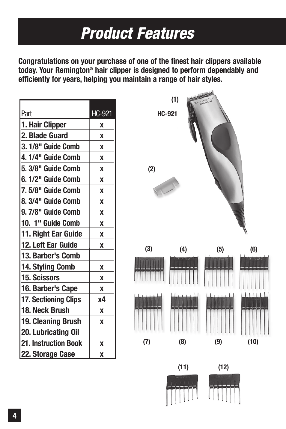 Product features | Remington HC-921 User Manual | Page 4 / 32