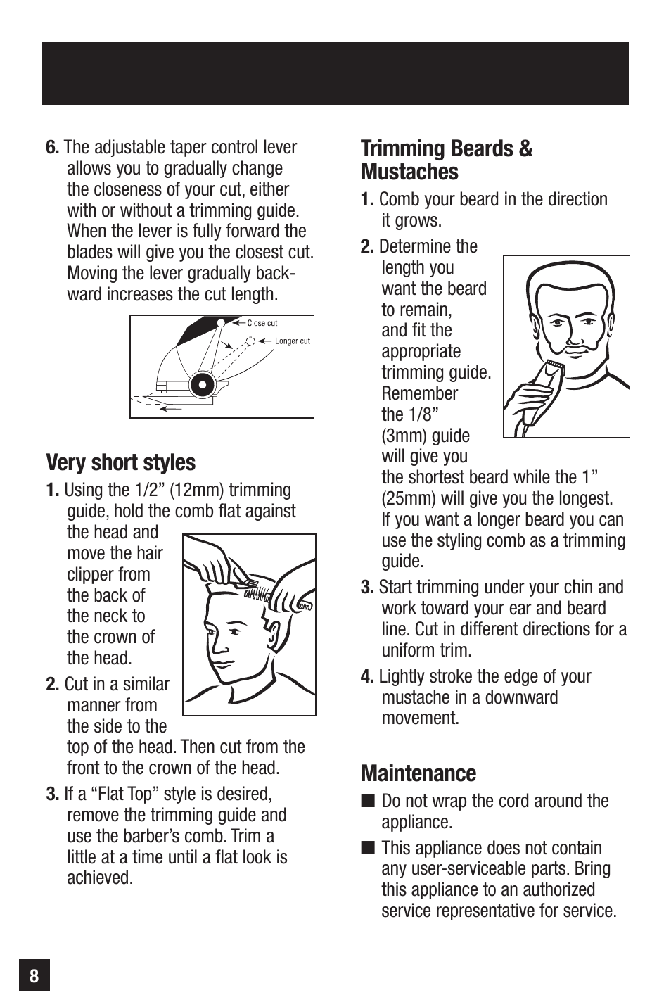 Very short styles, Trimming beards & mustaches, Maintenance | Remington HC-921 User Manual | Page 8 / 32