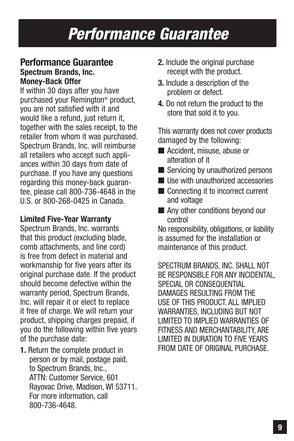 Performance guarantee | Remington HC-921 User Manual | Page 9 / 32