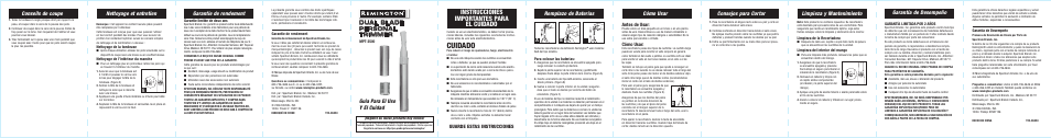 Cuidado, Instrucciones importantes para el cuidado, Garantie de rendement | Remplazo de baterías, Garantía de desempeño, Limpieza y mantenimiento, Consejos para cortar, Guia para el uso y el cuidad, Nettoyage et entretien conseils de coupe, Dual blade personal trimmer | Remington MPT-3500 User Manual | Page 2 / 2